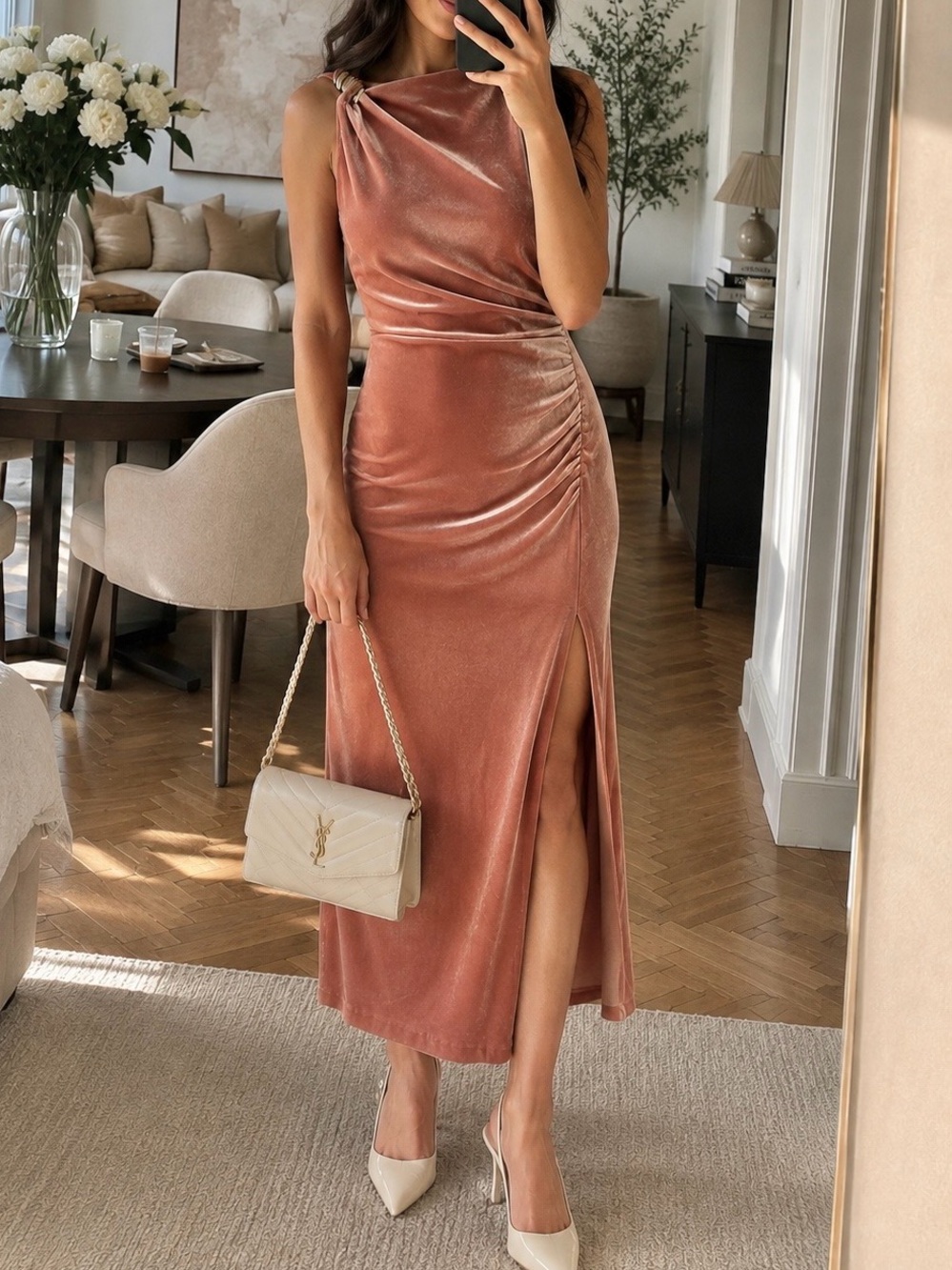 Zara Rose-Toned Velvet Midi Dress with Side Slit